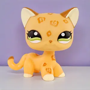 Rare Old Original Tan Leopard Spot Short Hair Cat #1120 Action Figure with Toy Stand, Doll Making Supply, Kids' Adorable Collectible, Pet Shop Animal, Christmas Birthday Gift, Tiny Room Decor