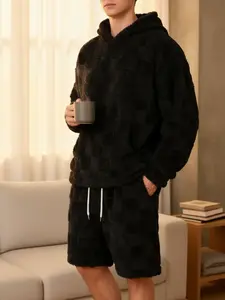 Men's Checkered Plush Loungewear Set, Gray Fuzzy Hoodie with Shorts, Soft Warm 2-Piece Outfit for Daily Wear, Lounging & Cozy Days