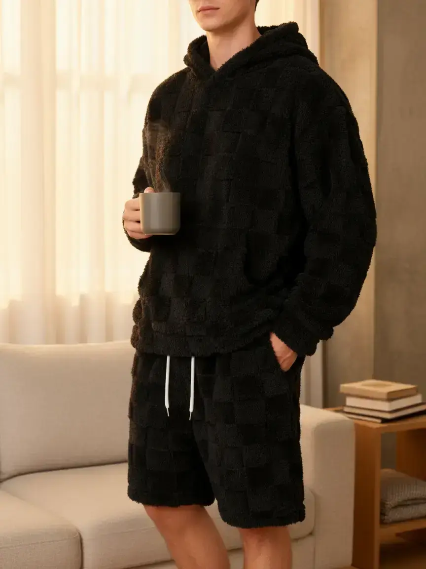 Men's Checkered Plush Loungewear Homewear Set, Gray Fuzzy Long Sleeves Hoodie with Shorts, Soft Warm 2-Piece Outfit for Daily Wear, Lounging & Cozy Days