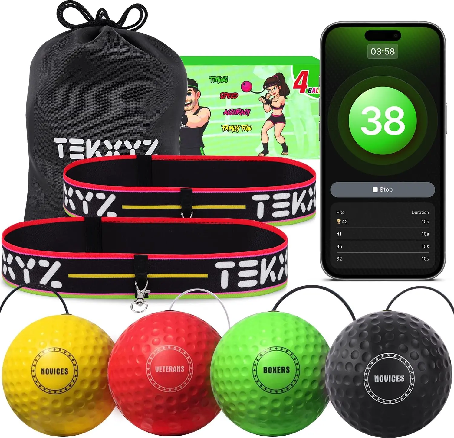 TEKXYZ Boxing Family Pack – 2 Adjustable Headbands + 2 Novice Balls + 1 Veteran Ball + 1 Boxer Ball and More