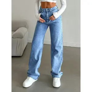 Women’s Fashion Denim Straight-Leg Slimming High-Waist Wide-Leg Casual Jeans, Loose Fit, Suitable for All Seasons, Solid Color