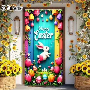 2D flat banner, 1pcVibrant Easter Backdrop, Colorful Rabbit & Eggs Party Decor for Festive Celebrations, Teal Background with Rainbow Border, Tulips & Eggs Design Video Backdropgalentines party decor, valentine day decor, decorations for valentines d