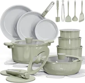 CAROTE 27pcs Ceramic Cookware Set Nonstick, Pots and Pans Set Non Stick, Non Toxic Cookware Detachable Handles, Dishwasher/Oven Safe, RV/Camping Cookware, Pan and Pot with Kitchen Utensils, Green