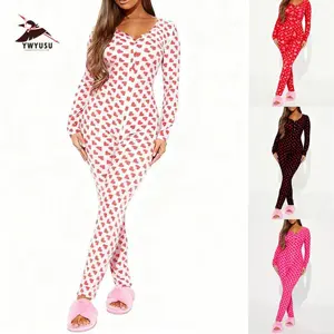 Women’s long-sleeve button-down V-neck bodycon pajama jumpsuit/onesie with novelty print sleepwear loungewear