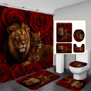 1/3/4PCS Rose Lion Shower Curtain Set, Bathroom Curtain, 71x71 Inches, Includes Background Pattern, Comes with 12 Hooks, 1/3/4pcs Options