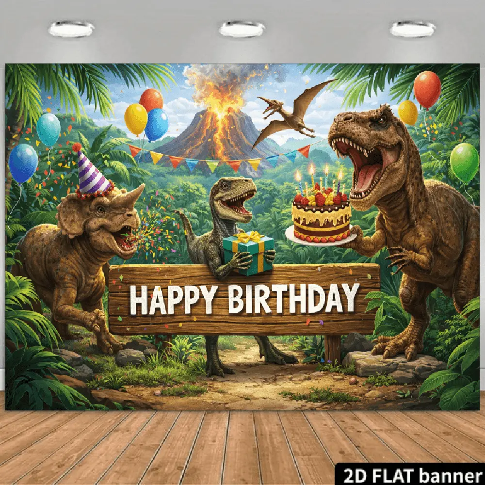 2D Flat Polyester Photo Backdrop - HD Digitally Printed Dinosaur Birthday Party Animal Theme Cloth, Gender Neutral Festive Banner with Jungle Scene, Volcano, Balloons, "Happy Birthday" Sign, Soft, Lightweight, Foldable, Machine Washable