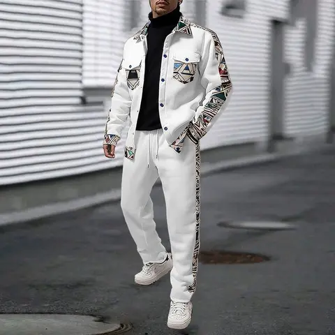 Men's 2 Piece Ethnic Geometric Patchwork Sportswear Set - Casual Sporty Design, Single-Breasted Long-Sleeve Button Jacket with Decorative Pockets, Straight Pants, Loose-Fit Streetwear for Multi-Season Use, Men's 2 Piece Sets