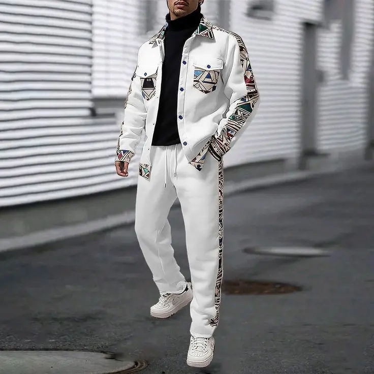 Men's 2 Piece Ethnic Geometric Patchwork Sportswear Set - Casual Sporty Design, Single-Breasted Long-Sleeve Button Jacket with Decorative Pockets, Straight Pants, Loose-Fit Streetwear for Multi-Season Use, Men's 2 Piece Sets