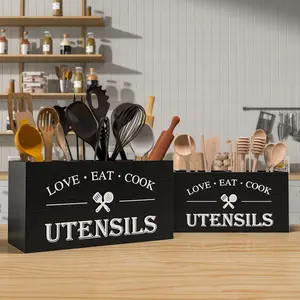 Kitchen Utensil Holder with 3 Compartments, Rustic Wooden Storage Organizer Box Vintage Cutlery Farmhouse Flatware Utensil Caddy Countertop for Silverware Fork Spoon Spatula