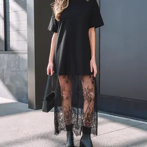 Women's Black Oversized T-Shirt Maxi Dress with Sheer Lace Hem Drop Shoulder Short Sleeve Perfect for Street Style