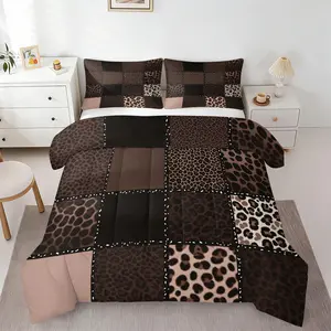 Chic Brown Monochrome Leopard Patchwork Quilted Comforter Set, Soft Breathable Microfiber Bedding with 1 or 2 Coreless Pillowcase, Neutral Tone Animal Print Warm Quilt, Modern Boho Bedroom Decor for Young Adults