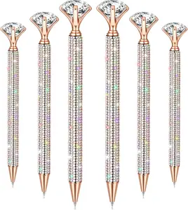 6 Pcs Big Diamond Pens with Crystal Bling Rhinestone Metal Glitter Diamond Ballpoint Black Ink Pens Wedding Bridal Shower Favors for Birthday Gift Supplies(Rose Gold)