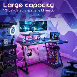 Mr IRONSTONE Gaming Desk with Power Outlets, 39 Inch L Shaped Gaming Computer Desk with Storage Shelf, Gamer Desk with Monitor Stand, PC Gaming Table with Carbon Fiber Texture, Black