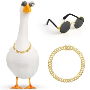 2pcs Chain Collar and Glasses Porch Goose Outfits for Plastic Goose 23"/ 17'' Lawn Goose Statue Glasses Golden Rhinestone Collar for Garden Goose Retro Pet Party Patio Yard