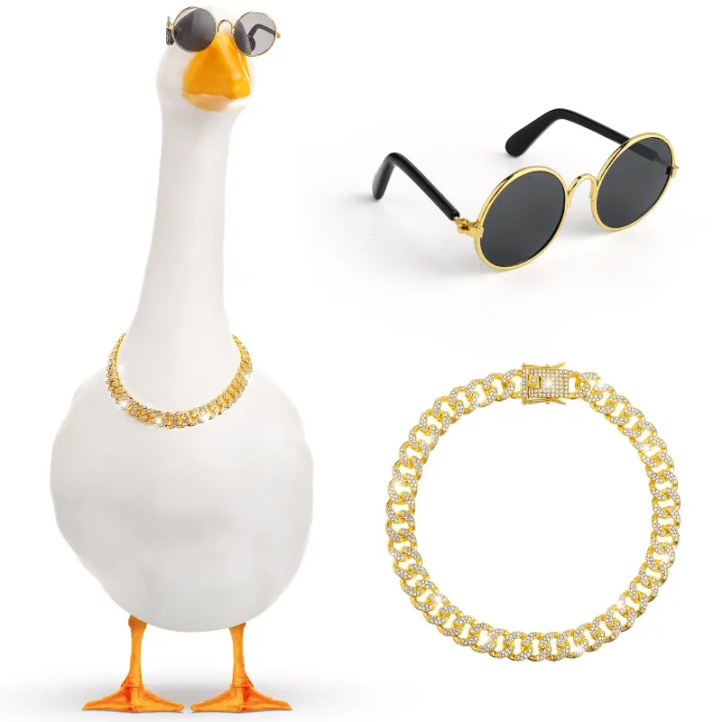 2pcs Chain Collar and Glasses Porch Goose Outfits for Plastic Goose 23"/ 17'' Lawn Goose Statue Glasses Golden Rhinestone Collar for Garden Goose Retro Pet Party Patio Yard