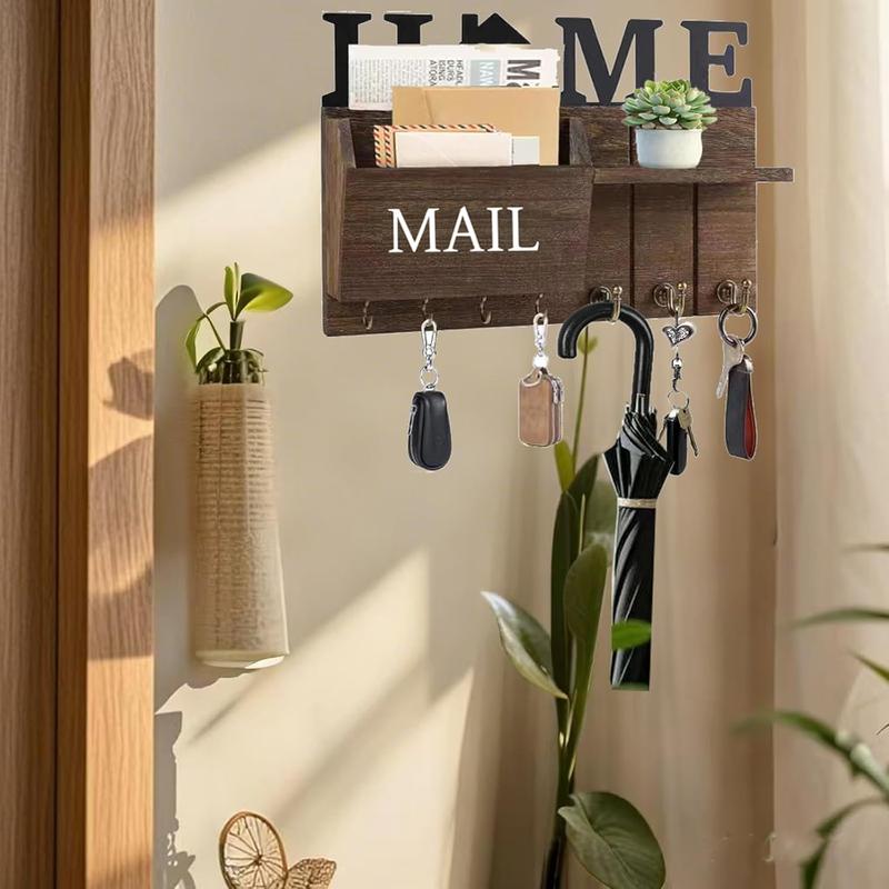 Key and Mail Holder for Wall, Rustic Wooden Mail Organizer with Shelf and 7 Hooks, Space Saving Farmhouse Entry Way Key Rack for Coat,  Leash, Home Accessories (Brown)