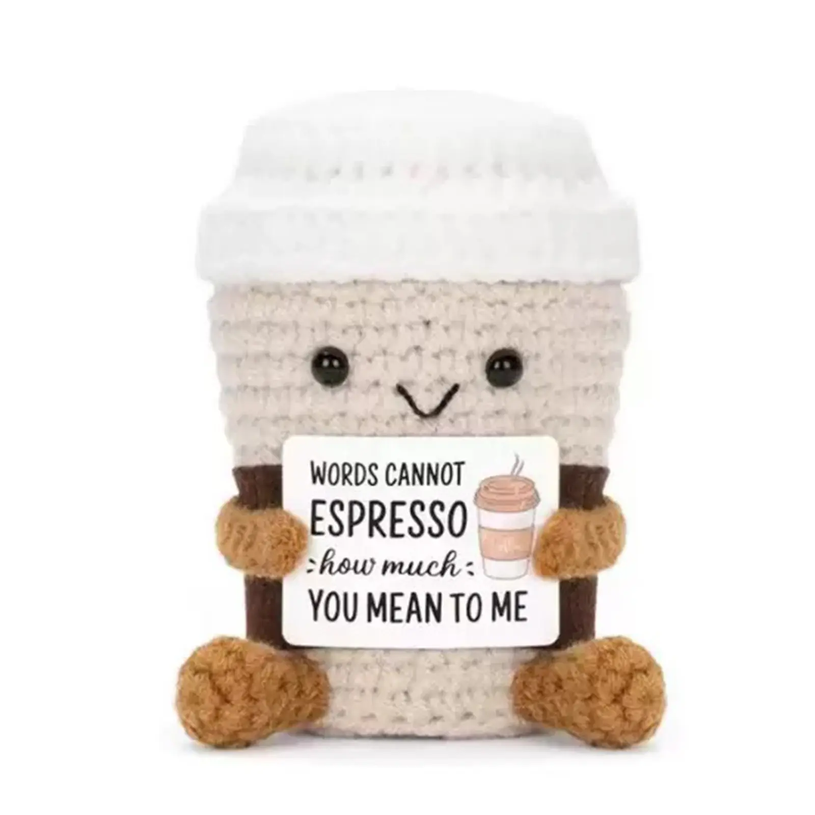 Hand Crocheted Coffee Cup Plush Toy Soft Stuffed Amigurumi - "Words Cannot Espresso" Cute Soft Cuddly Gift for Coffee Lovers, Heartfelt Crochet Decor with Sweet Message, Unique Desk Companion, Soft Huggable