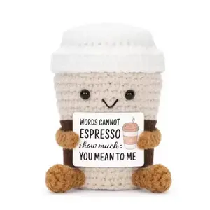 Hand Crocheted Coffee Cup Plush Toy - "Words Cannot Espresso" Cute Gift for Coffee Lovers, Heartfelt Crochet Decor with Sweet Message, Unique Desk Companion, Soft Huggable