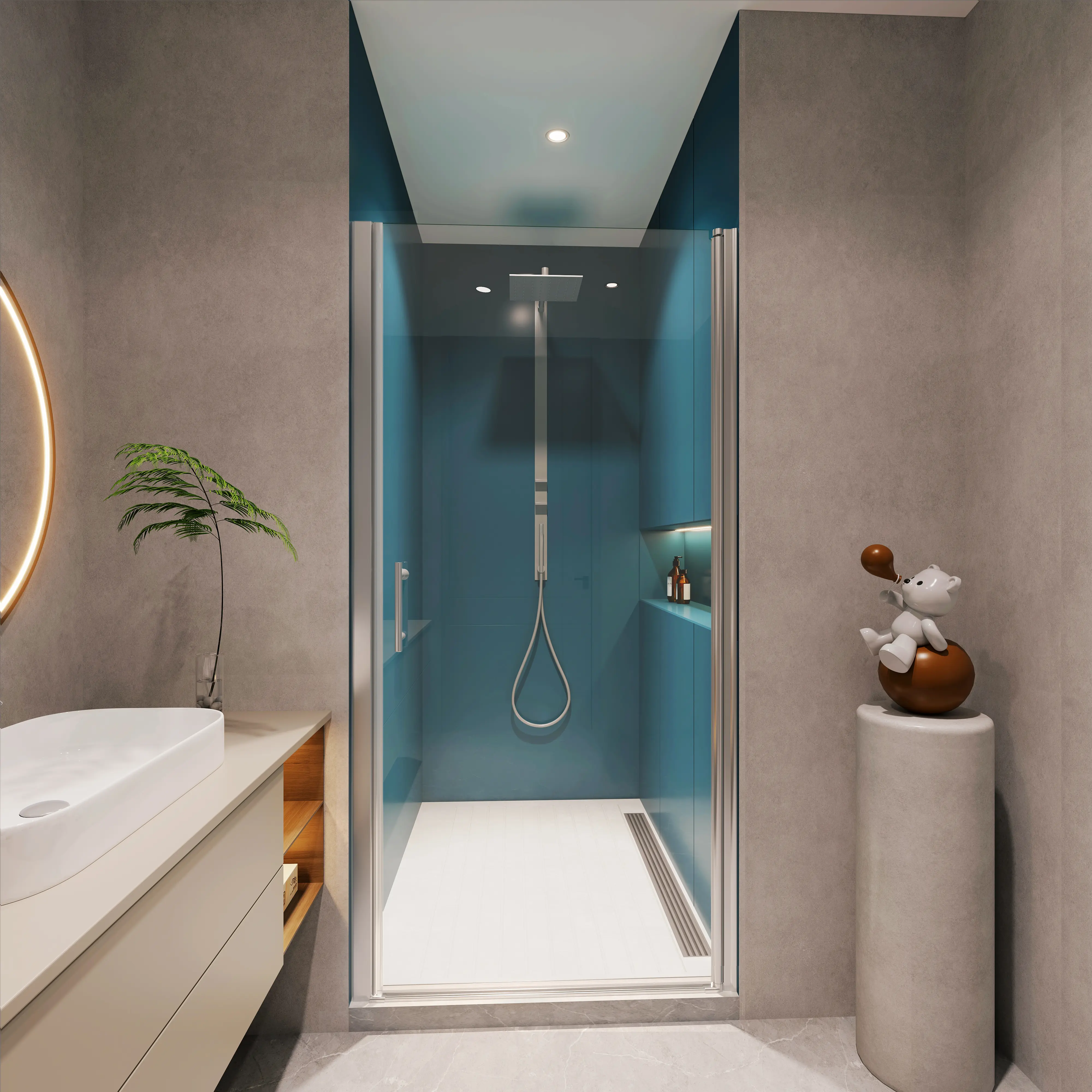 Polished Chrome Universal Pivot Bathroom Door (Model 2472) - #304 Steel, 1 3/8" Adjustable, Outside-Opening, 1/4" Tempered Glass, Comfortable Pivot System, Anti-Leakage, 28-29 3/8" Coverage, Easy Installation, Pivot Door