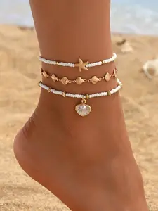 3pcs Set Summer Beach Anklets, Beaded Seashell & Starfish Pendants, Handmade Chains, Perfect for Daily & Beach Wear