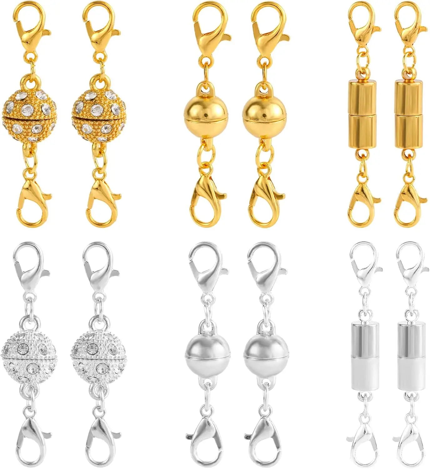 12pcs Magnetic Jewelry Clasps with Ball & Cylindrical Connectors, Alloy Locking Necklace Clasps Magnetic Jewelry Closures for Necklaces Bracelets (Gold & Silver)