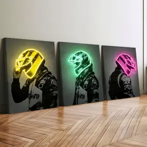 3-count wooden frame canvas, cyber-style fluorescent helmet character decoration poster, cool game room decoration, fashionable poster, suitable for living room and bedroom decoration, modern family poster, exquisite corridor wall art, waterproof printing