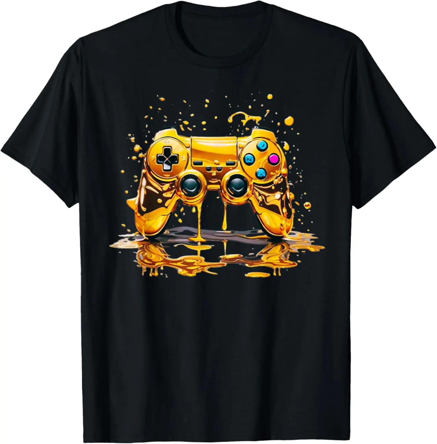 100% Cotton Gold Splash Video Game Controller Golden Gamer Gaming T-Shirt