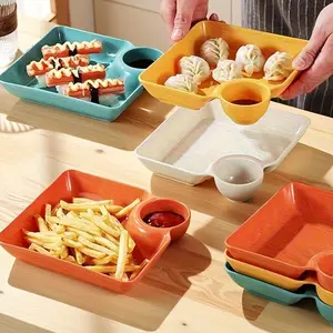 Square Dumpling Plate with Sauce Compartment, French Fries Sushi Snack Tray Set, Creative Dip Dish + Vinegar Bowl, Home Kitchen Dessert Fruit Tray, Dining Plate Set, Salad Serving Plates