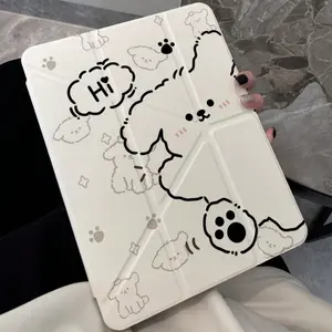Line Puppy For iPad A16 2025 Air 11 13 M2 M3 Pro 11 13 M4 2024 Air 4 5 10th 10.9 Pro 11 9th 8th 7th 10.2 Pro 12.9 4th 5th 6th Transparent Back Cover Y Fold Protective Case Tablet Protective Cover