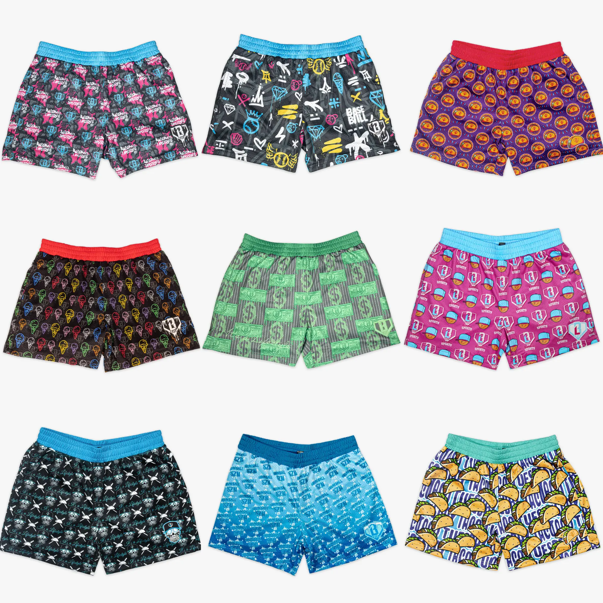 Baseball - Lifestyle - 101 | Men's Premium Mesh Gym Shorts - Doodle Graffiti & Monogram Gym Shorts Men - Gym Basketball Shorts with Shark Jet & Skull Graphic