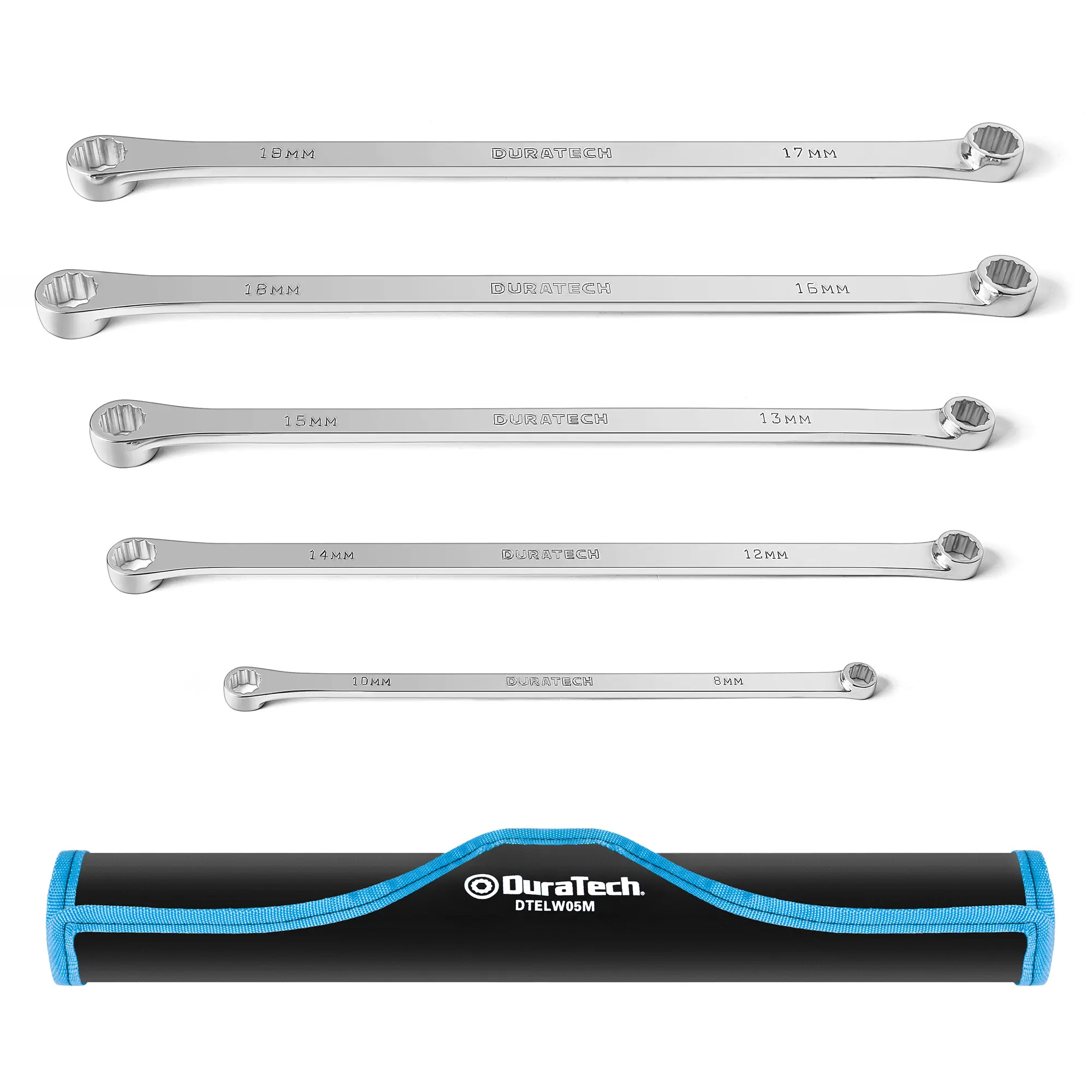 #fathersdaygift DURATECH 5-Piece Extra Long Wrench Set, Double Box End Wrench Set, 0 Degree Offset, Metric, CR-V Steel, 8mm, 10mm, 12mm, 13mm, 14mm, 15mm, 16mm, 17mm, 18mm, 19mm, Organized in Rolling Pouch