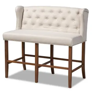 Alira Modern and Contemporary Beige Fabric Upholstered Walnut Finished Wood Button Tufted Bar Stool Bench