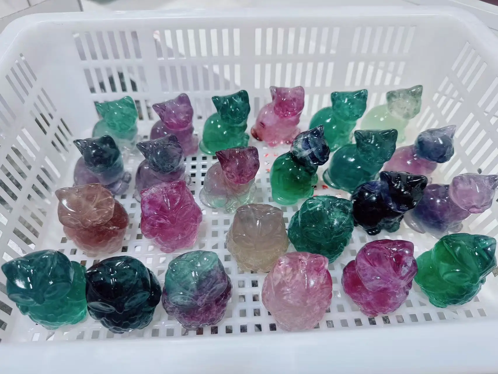 Fluorite Collectibles, Hand-Carved Cat and Owl Figurines, Natural Crystal Home Ornament, Unique Stone Animal Gift, Gift Ideas, Wholesale Set