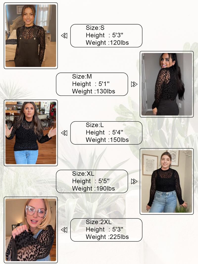 ChicovarFashion 女士豹纹高领网纱上衣，尺码 S-3XL，性感透视T恤，不扎皮肤蕾丝衬衫，优雅长袖衬衫，四季皆宜，适合夜间外出、度假、派对、音乐会等场合