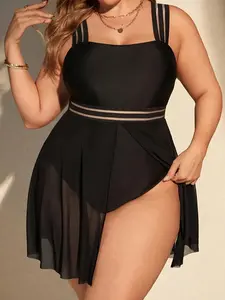 Plus Size Wide Strap One-piece Swimsuit, Solid Color Swim Dress, Tummy Control Swimwear for Women, Women's Swimsuit for Summer