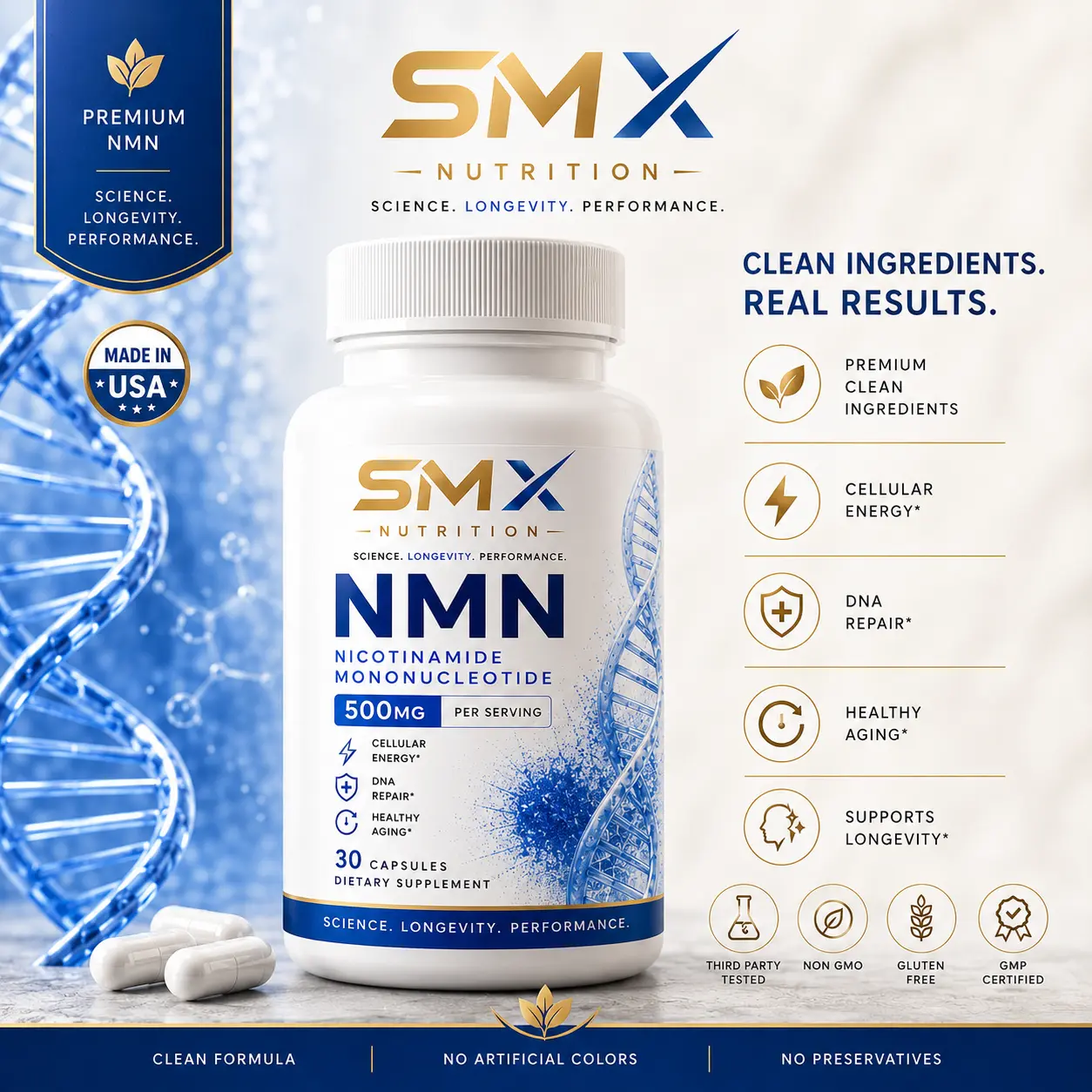 SMX Nutrition NMN 500mg Capsules - 99.9% Pure Beta-Nicotinamide Mononucleotide - Cellular Energy Support - Healthy Aging Supplement - 30 Capsules