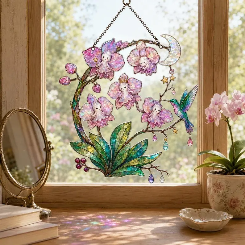 Orchid Fairy Suncatcher, Hummingbird Acrylic Window Hanging, Faux Stained Glass Moon Floral Decor, Enchanted Garden Gift