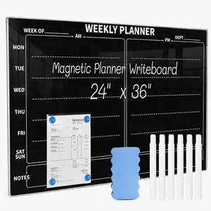 24" x 36"  Weekly Glass Planner Whiteboard Frameless Black Dry Erase Calendar for Office or  Kitchen -  Tempered Glass, Horizontale Wall-Mounted (6 Markers Included)