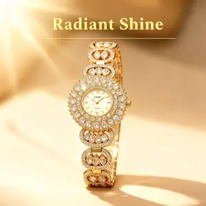 Women's Luxury Gold Rhinestone Decorated Analog Watch - Round Mother-of-Pearl Face, Starry Alloy Bracelet, 30M - 50M Water Resistance Quartz Wristwatch, Fashion Accessories for Women, Gold Watch