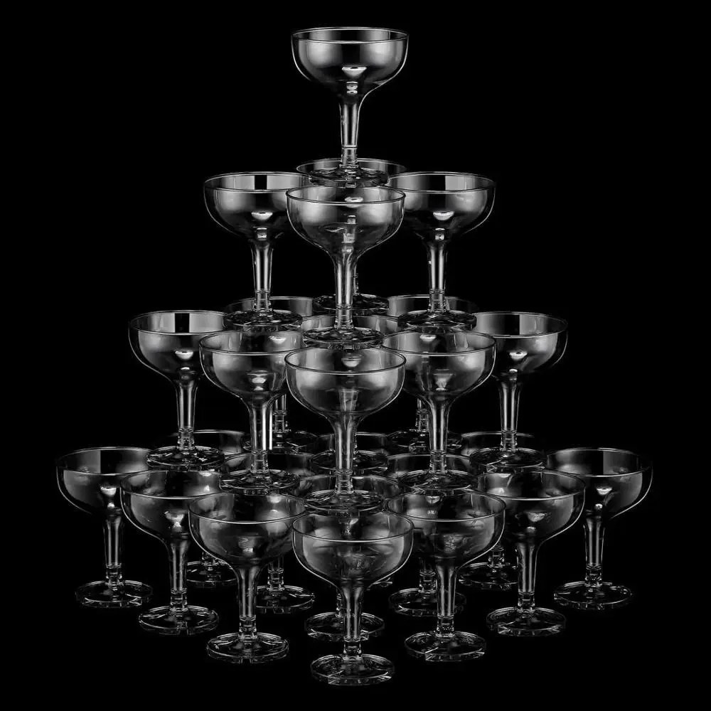 32 Pcs Champagne Coupe Glasses 5 oz Plastic Stackable Wine Glasses for Cocktail, Martini, Champagne Tower, Disposable Glasses for Wedding, Birthday, Party (Pink)