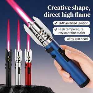 Torch Lighters Butane Adjustable Jet Flame Lightsaber Windproof Refillable Long Lighter for Candle, BBQ, Fireworks (Butane Not Included) Black Kitchen Hot Pot Cook Gift Lightweight Decor