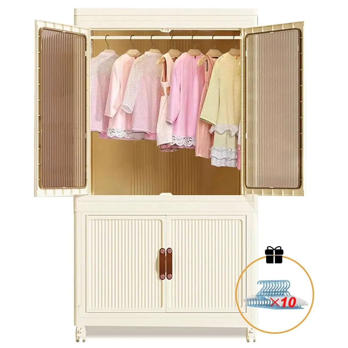 25.6in Folding Armoire Wardrobe - Plastic Collapsible Space Saving Furniture, Waterproof Wheeled Clothes Storage Cabinet, Assembly Required Indoor Home Bedroom Organizer