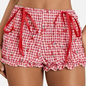 Y2K Vintage Cherry Print Bloomers Red Plaid Ruffle Shorts Red Gingham Shorts Cottage Core Plaid Shorts Mini Micro Coquette Shorts