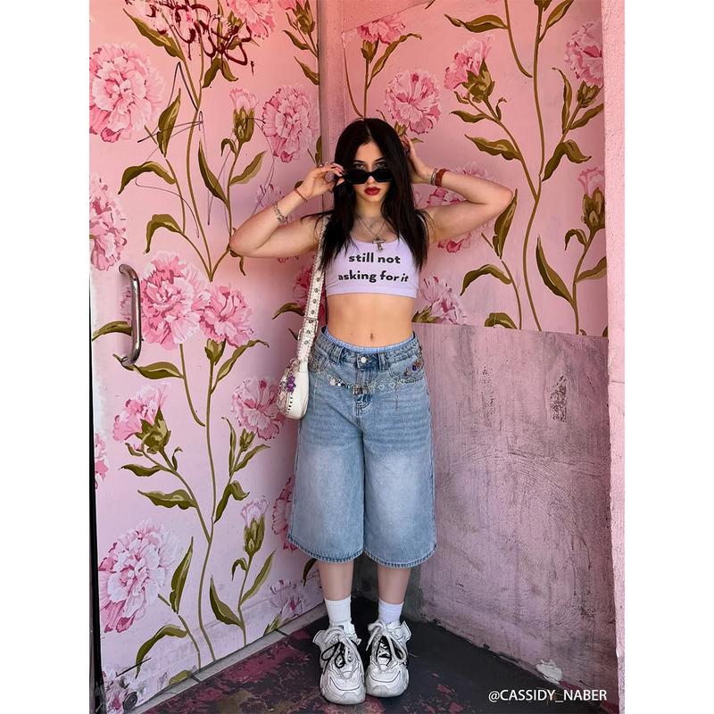 Aelfric Eden Double Waist Loose Sagging Jorts Baggy Denim Jorts High Waist Stretchy Straight Wide Leg Jorts Light Wash Shorts