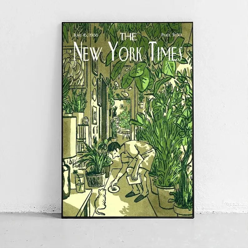 The New York Times Cat and Houseplant, Botanical Wall Art Print, Vintage Plant Lover Poster, Cozy Green Room Decor, Retro-Style Magazine Art