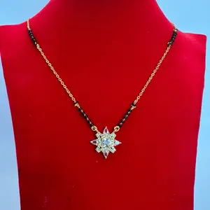 Gold plated daily use Nepali Mangalsutra with black potey and multiple stone work on it.