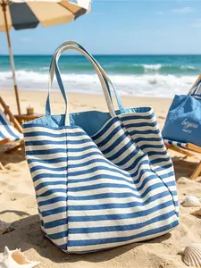 Large capacity blue and white striped beach tote bag, reversible backpack, available in blue and white stripes or red and white stripes, foldable canvas shoulder bag, waterproof and sand-proof travel bag suitable for summer essentials