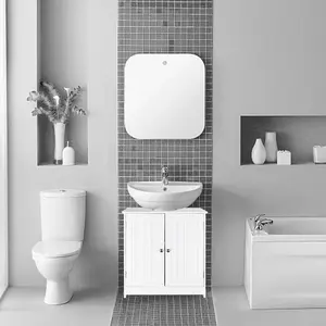 White Bathroom Sink Cabinet – Under Sink Storage for Bathroom Organization, Space-Saving MDF Unit with Slatted Doors and Waterproof Finish