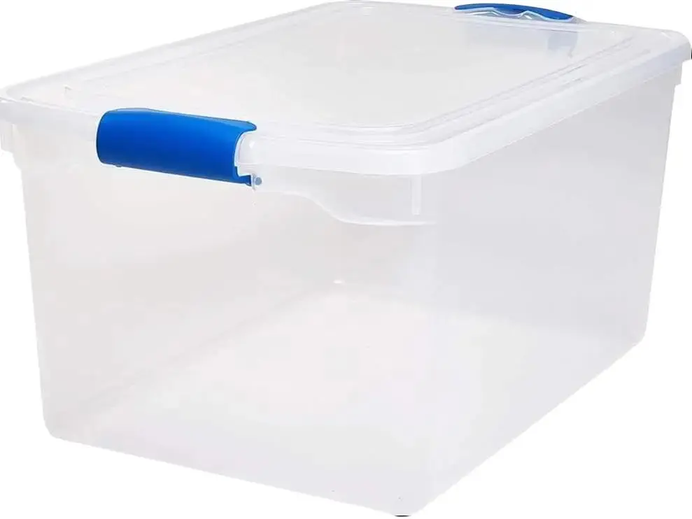 Large Clear Plastic Storage Bins with Latching Lids, 66 Quart Capacity, Blue Organiser
