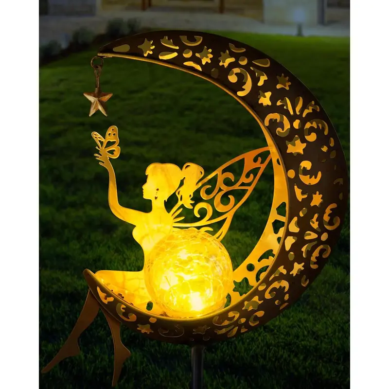 Solar garden statues outdoor decor fairy moon figurine light stake housewarming ornament for patio lawn yard pathway unique gift ideas for gardening mom grandma